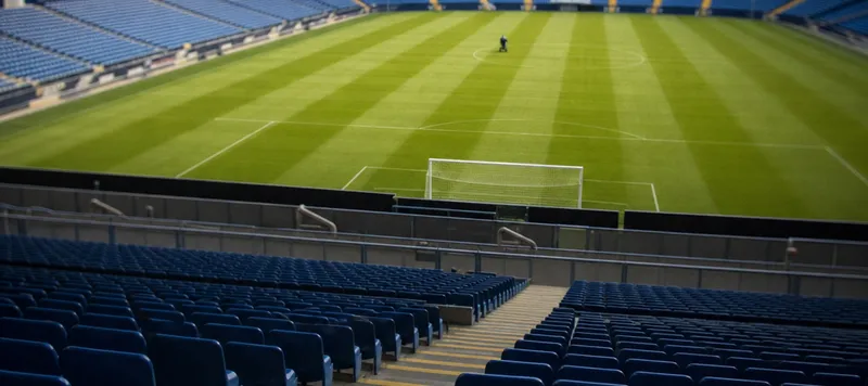 Empty rows of blue seats in a stadium above a freshly mown pitch