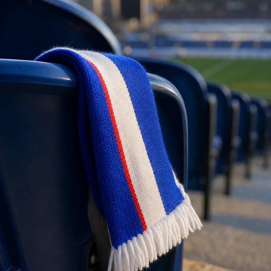 A blue, white and red knitted scarf folded over the back of a stadium seat
