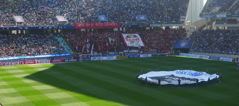 The south stand at Suwon World Cup Stadium seen from the north end during a Super Match